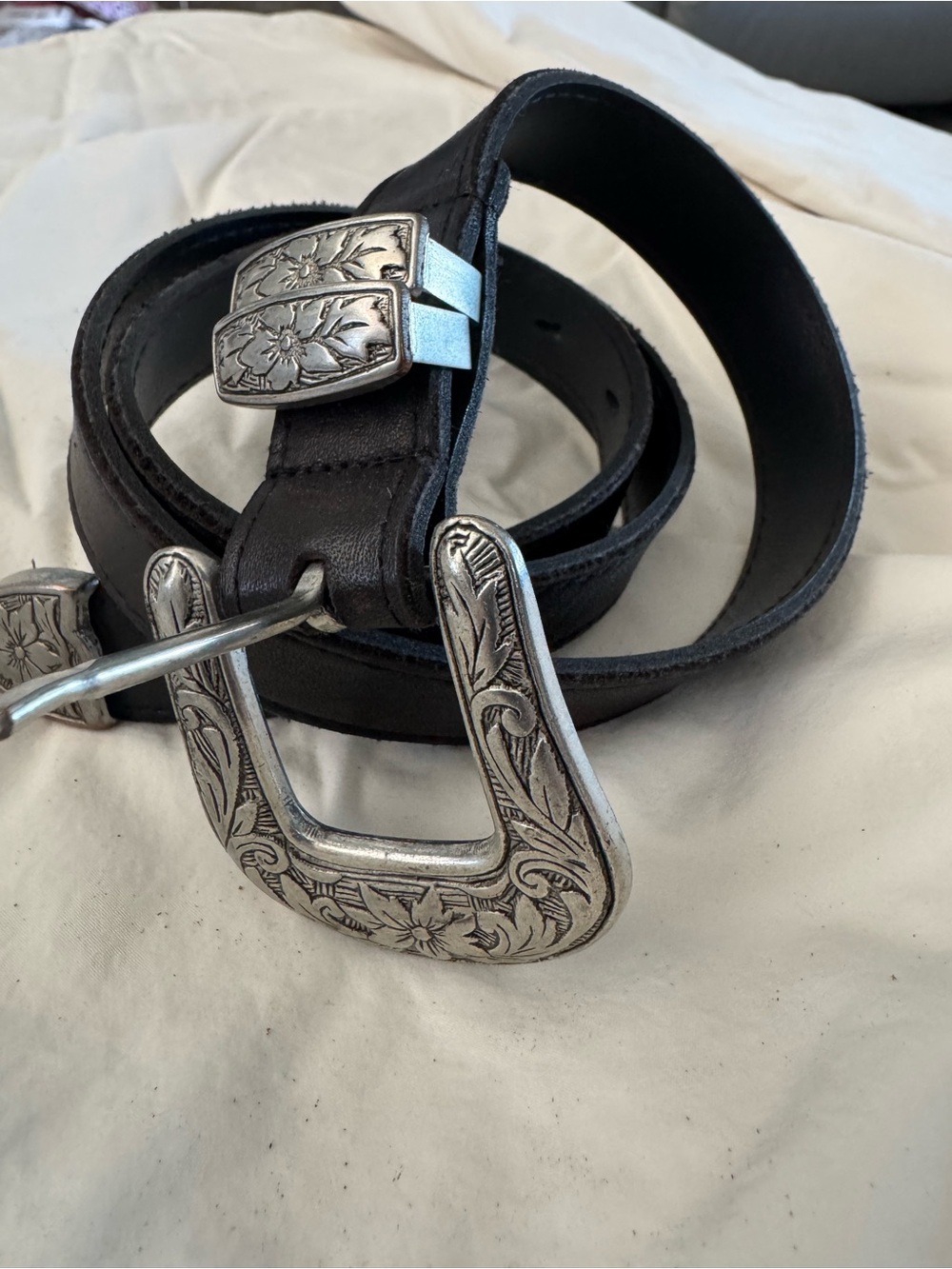 Black Leather Western Belt with Floral Silver Buckle